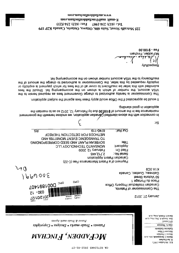 Canadian Patent Document 2712445. Fees 20111227. Image 1 of 1