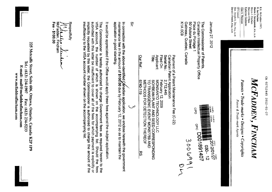 Document de brevet canadien 2712445. Taxes 20111227. Image 1 de 1
