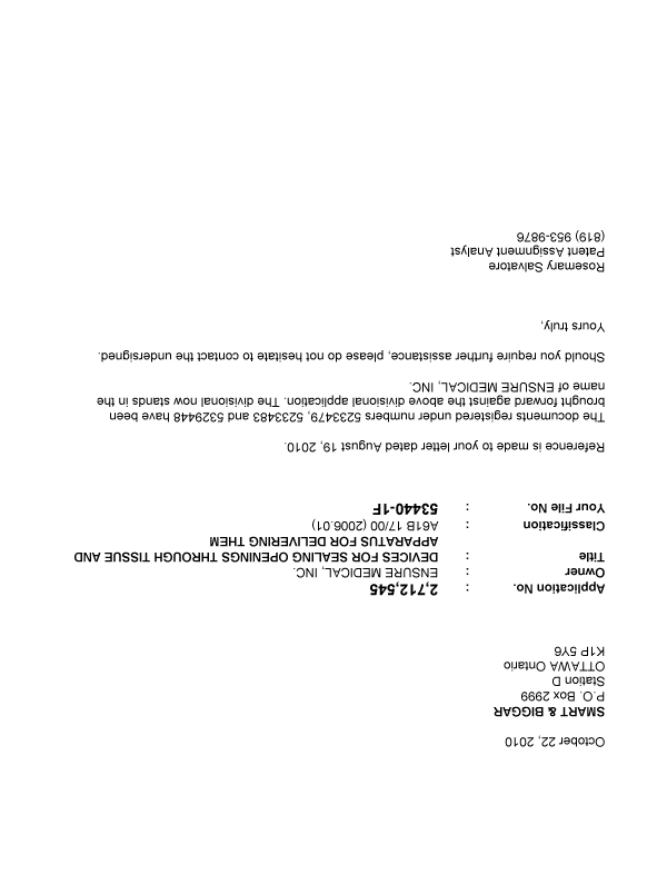 Canadian Patent Document 2712545. Correspondence 20101022. Image 1 of 1