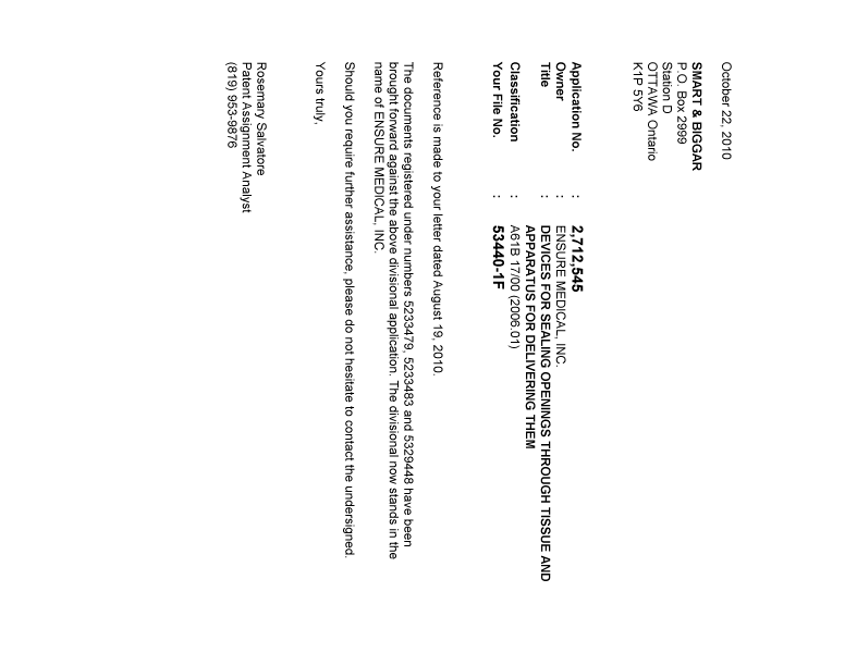 Document de brevet canadien 2712545. Correspondance 20101022. Image 1 de 1