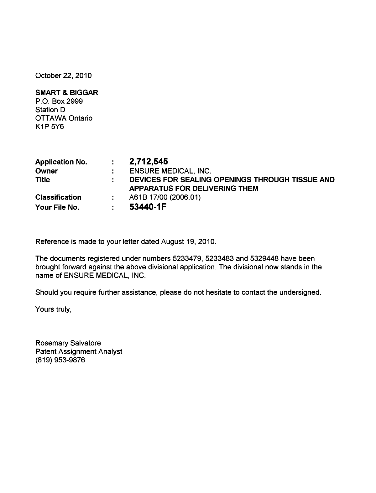 Document de brevet canadien 2712545. Correspondance 20101022. Image 1 de 1