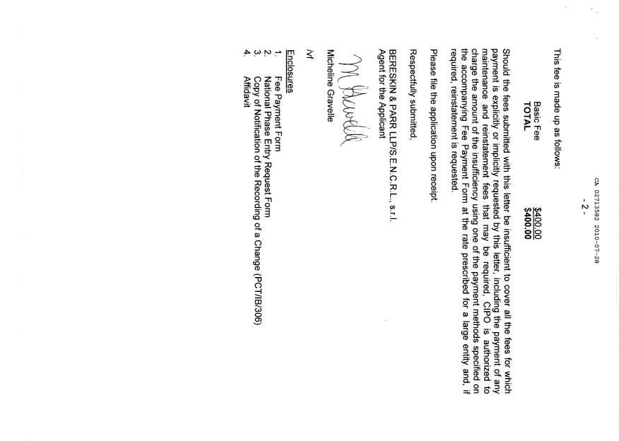 Document de brevet canadien 2713582. Cession 20100728. Image 2 de 6