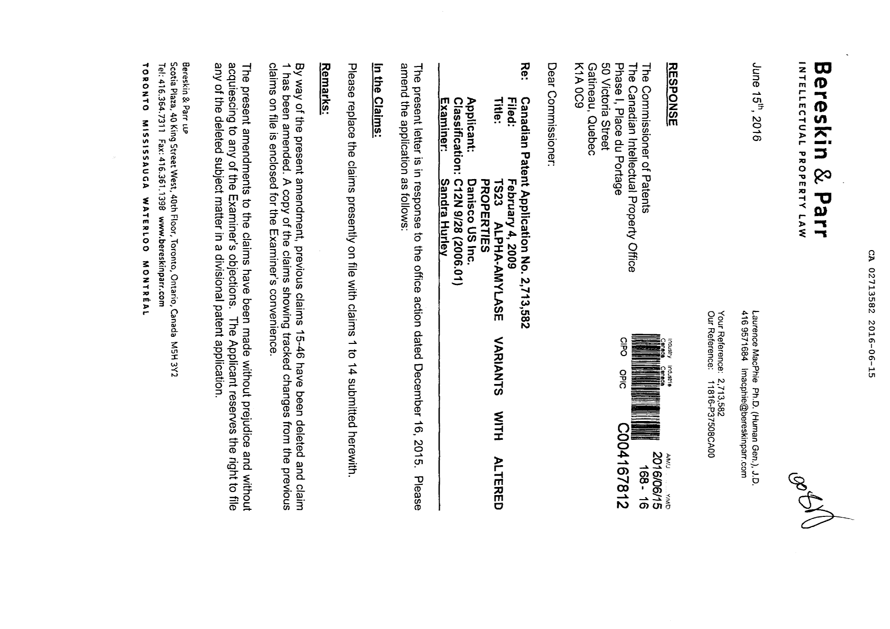 Document de brevet canadien 2713582. Poursuite-Amendment 20151215. Image 1 de 11