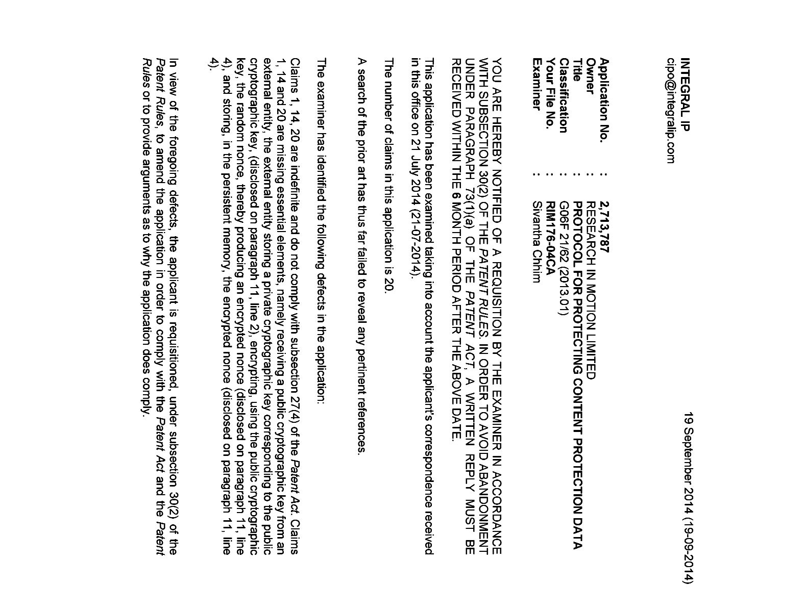 Canadian Patent Document 2713787. Prosecution-Amendment 20131219. Image 1 of 2