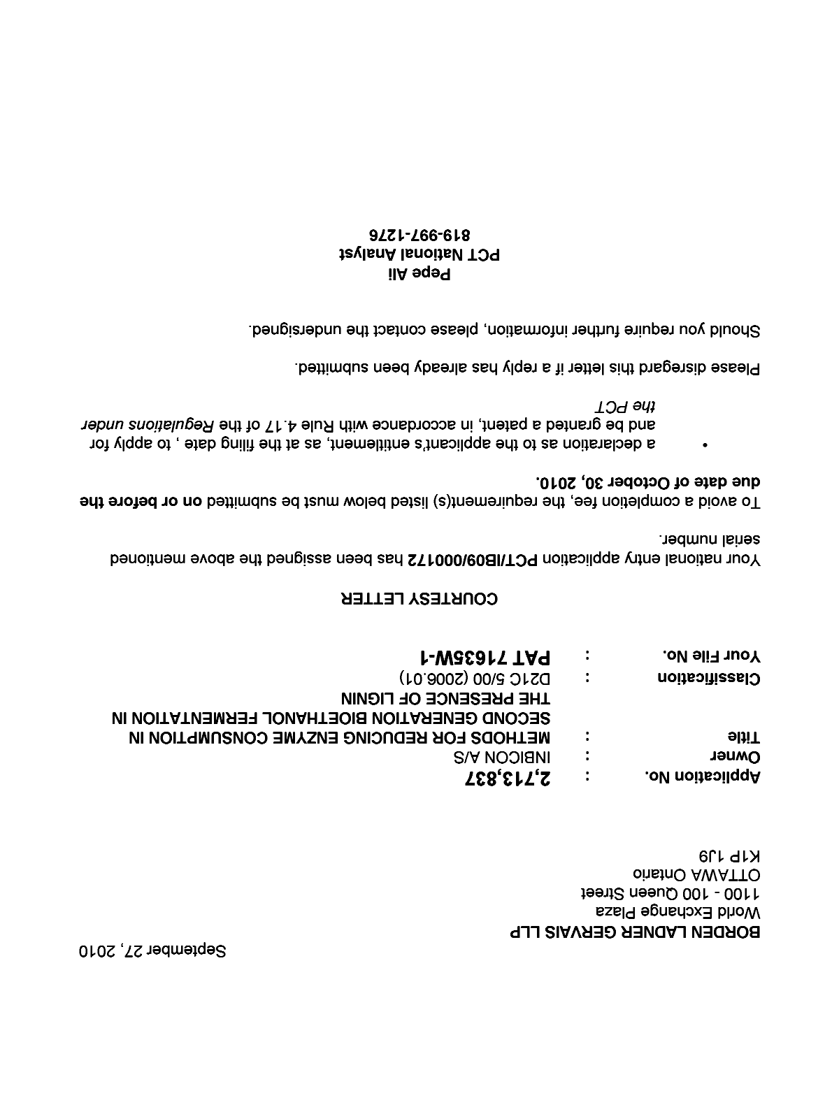 Document de brevet canadien 2713837. Correspondance 20091227. Image 1 de 1
