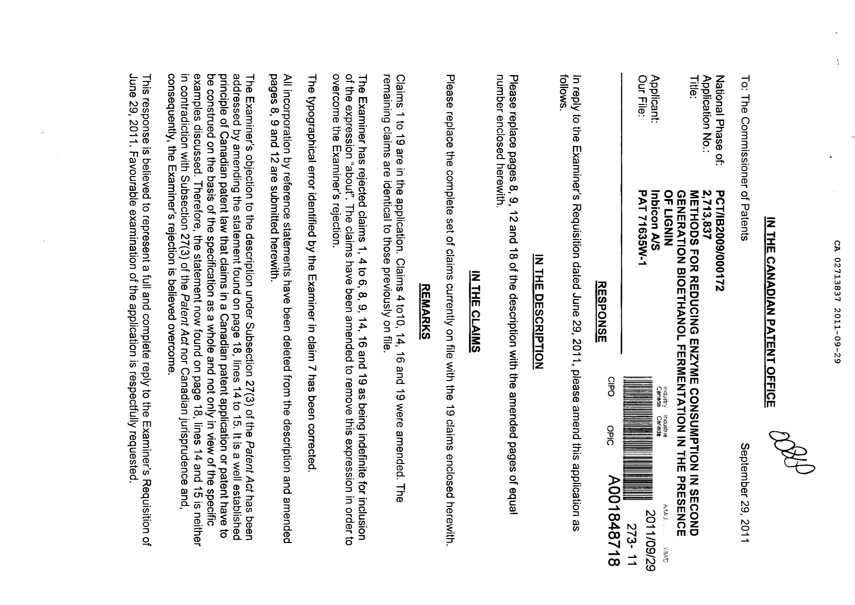 Document de brevet canadien 2713837. Poursuite-Amendment 20101229. Image 1 de 9