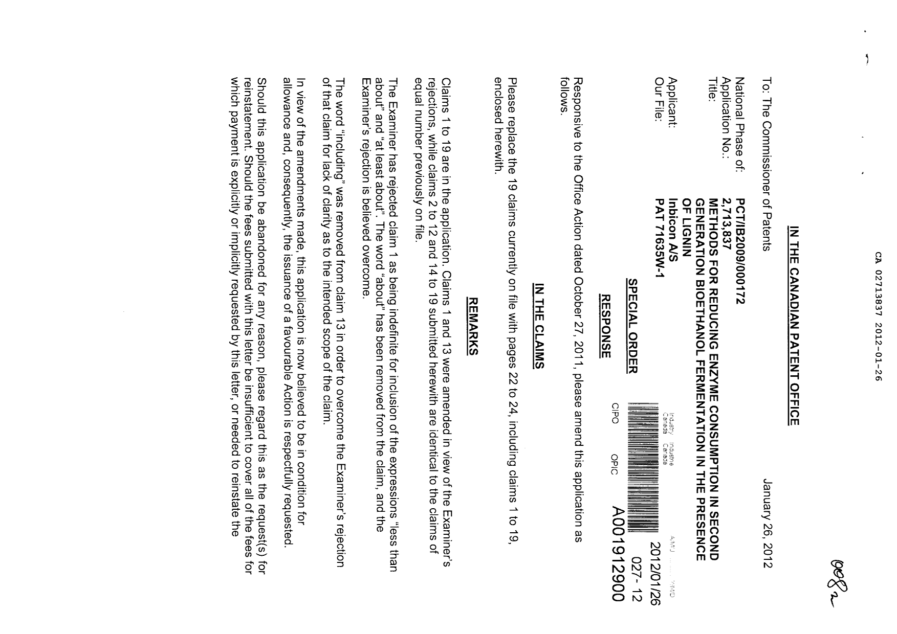 Canadian Patent Document 2713837. Prosecution-Amendment 20111226. Image 1 of 5
