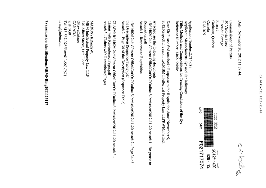 Document de brevet canadien 2714081. Poursuite-Amendment 20121120. Image 1 de 9