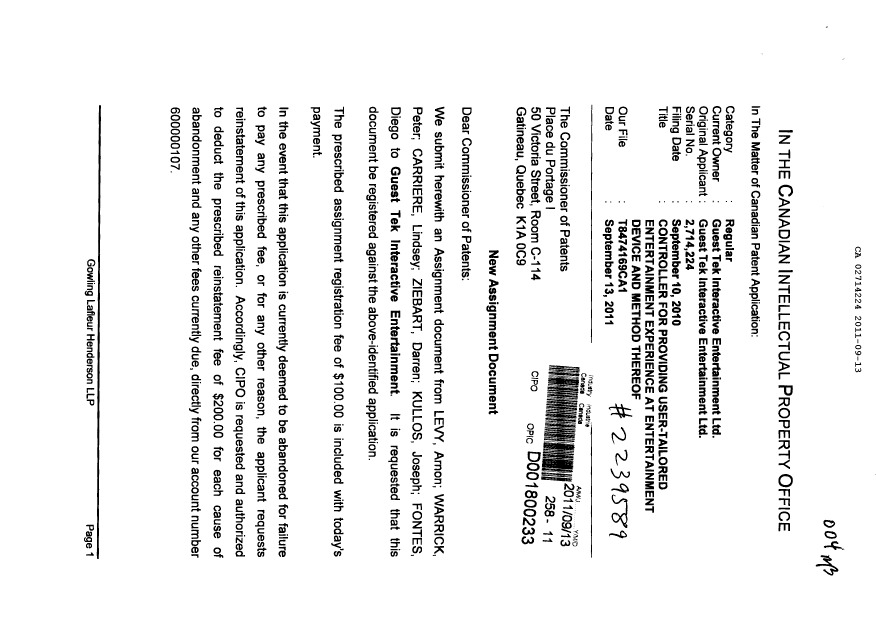 Document de brevet canadien 2714224. Cession 20110913. Image 1 de 11
