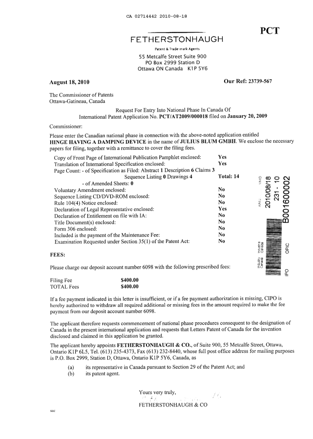 Canadian Patent Document 2714442. Assignment 20100818. Image 1 of 2