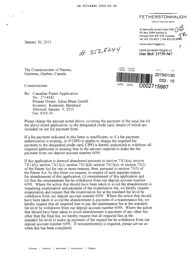 Canadian Patent Document 2714442. Correspondence 20150130. Image 1 of 2