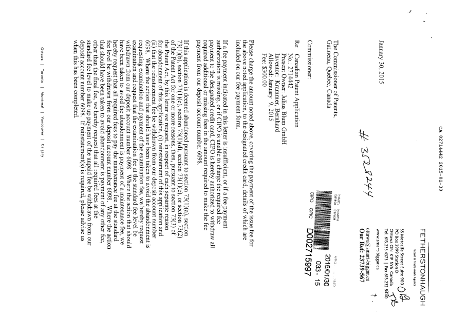 Document de brevet canadien 2714442. Correspondance 20150130. Image 1 de 2