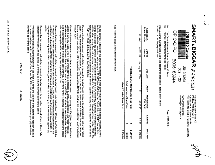 Document de brevet canadien 2714442. Paiement de taxe périodique 20191231. Image 1 de 2