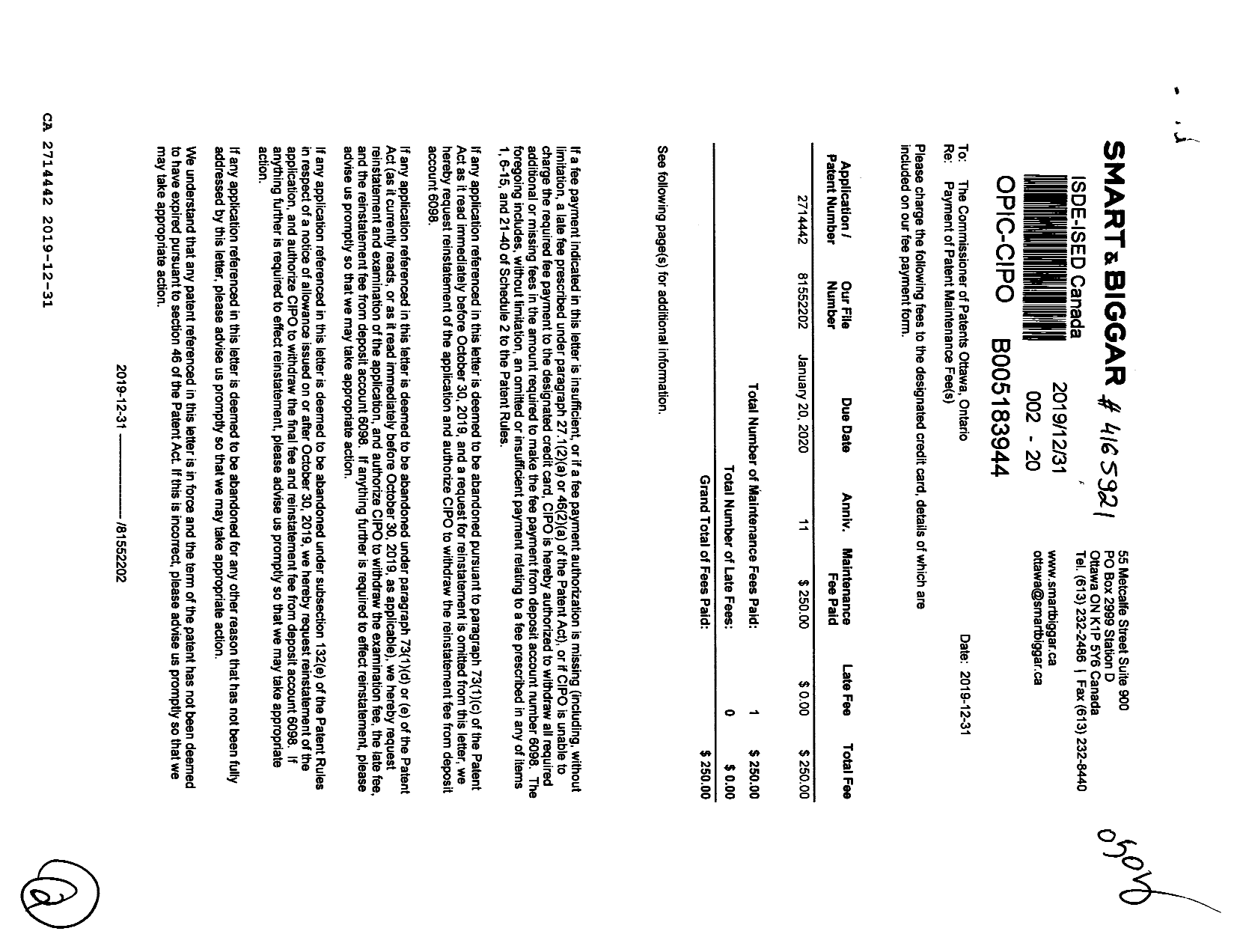 Canadian Patent Document 2714442. Maintenance Fee Payment 20191231. Image 1 of 2