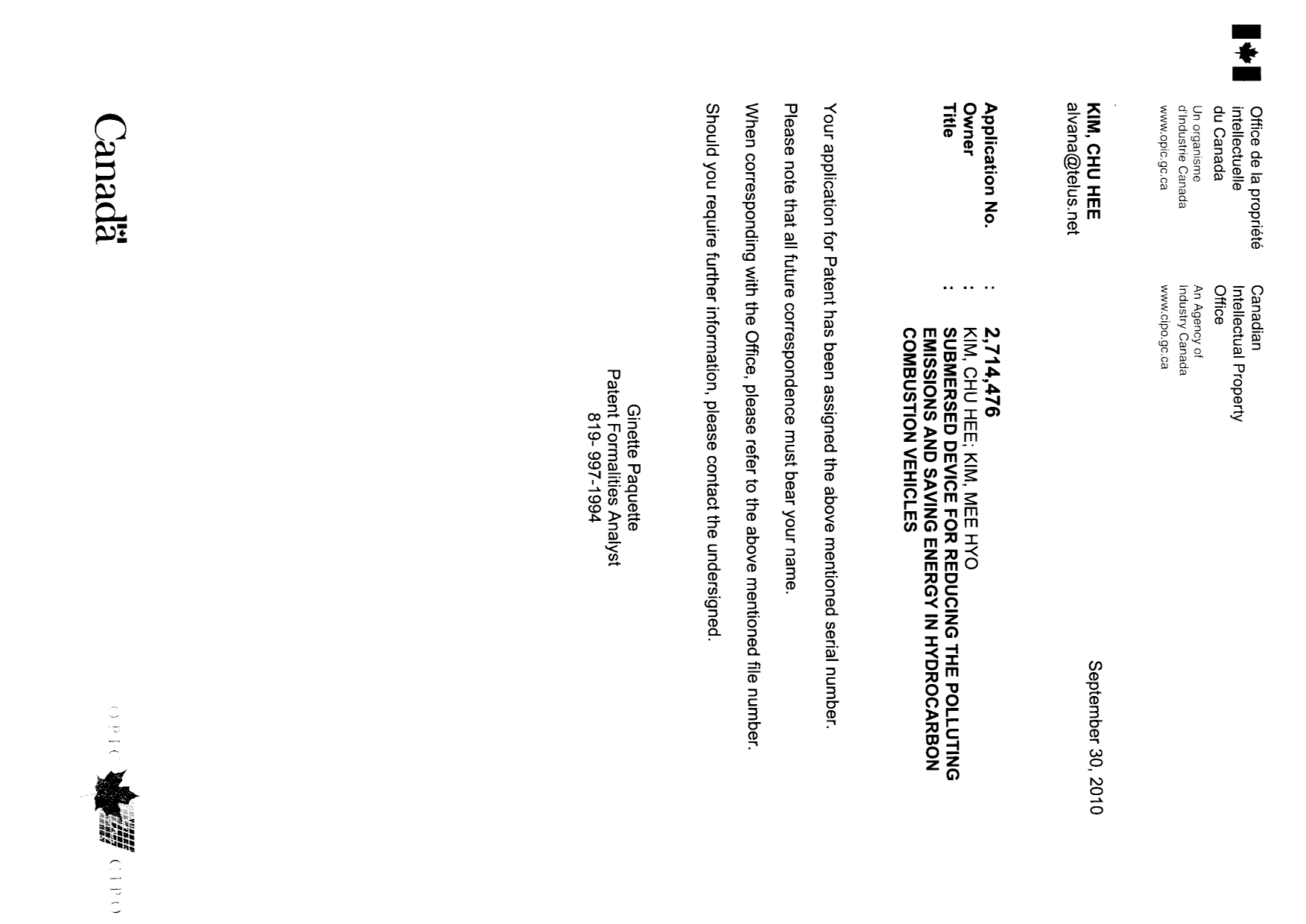 Canadian Patent Document 2714476. Correspondence 20091230. Image 1 of 1