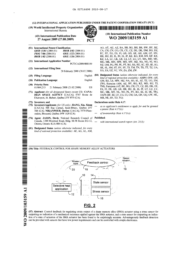 Document de brevet canadien 2714496. PCT 20100817. Image 1 de 13