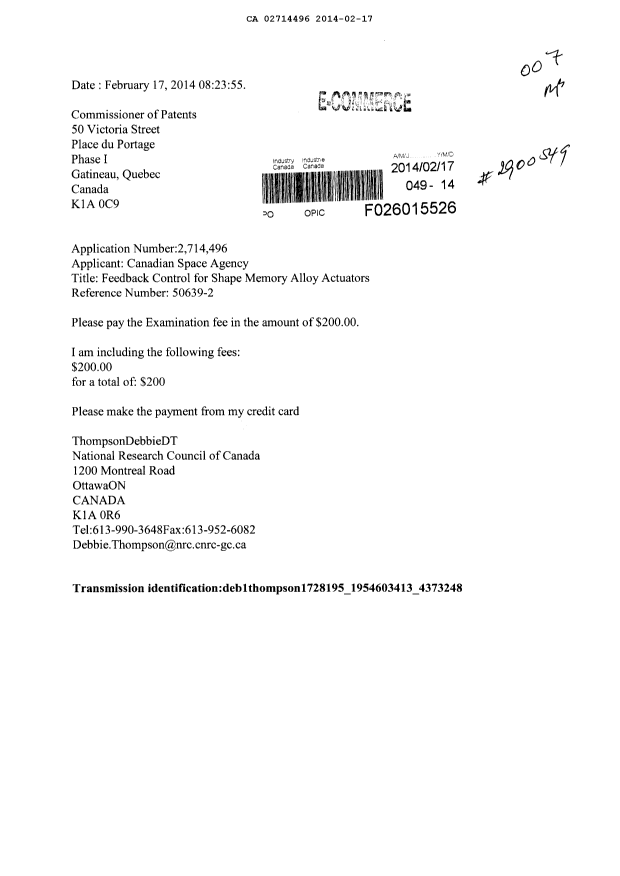 Document de brevet canadien 2714496. Poursuite-Amendment 20140217. Image 1 de 1