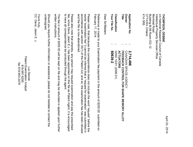 Document de brevet canadien 2714496. Correspondance 20140423. Image 1 de 1
