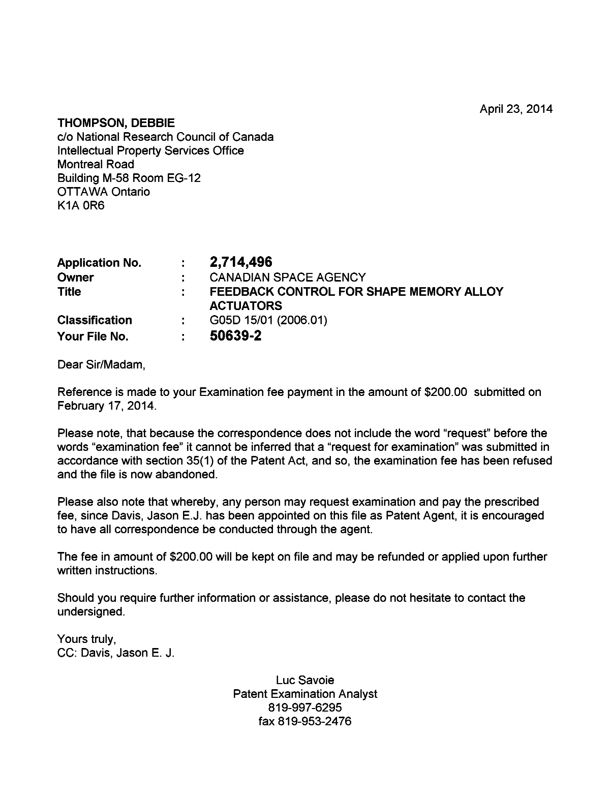 Document de brevet canadien 2714496. Correspondance 20140423. Image 1 de 1