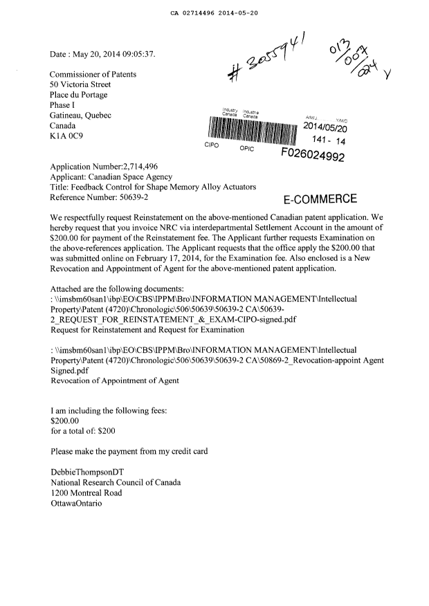 Document de brevet canadien 2714496. Poursuite-Amendment 20140520. Image 1 de 4
