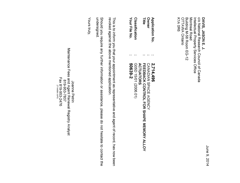 Document de brevet canadien 2714496. Correspondance 20140609. Image 1 de 1