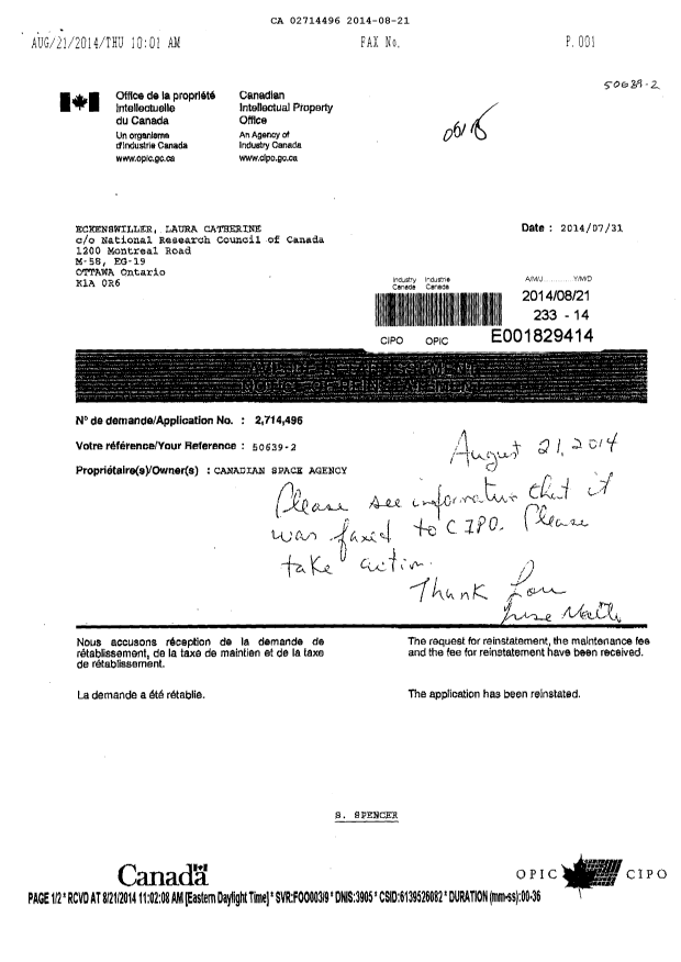 Canadian Patent Document 2714496. Correspondence 20140821. Image 1 of 2