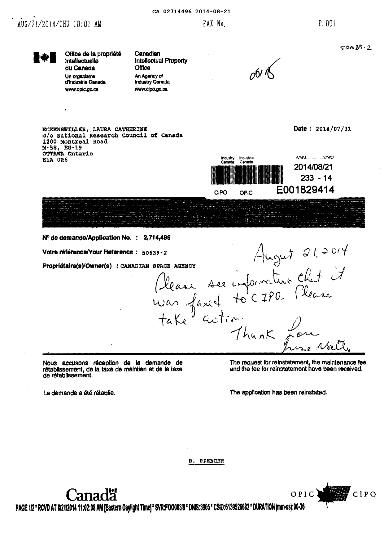 Document de brevet canadien 2714496. Correspondance 20140821. Image 1 de 2