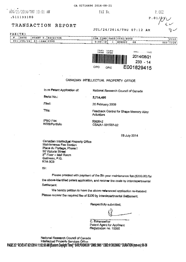 Document de brevet canadien 2714496. Correspondance 20140821. Image 2 de 2