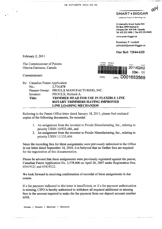 Document de brevet canadien 2714878. Cession 20110202. Image 1 de 12