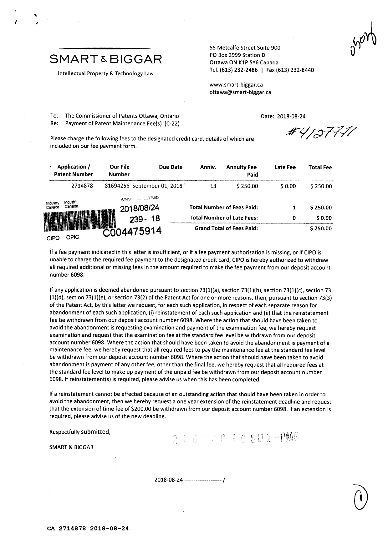 Document de brevet canadien 2714878. Paiement de taxe périodique 20180824. Image 1 de 1