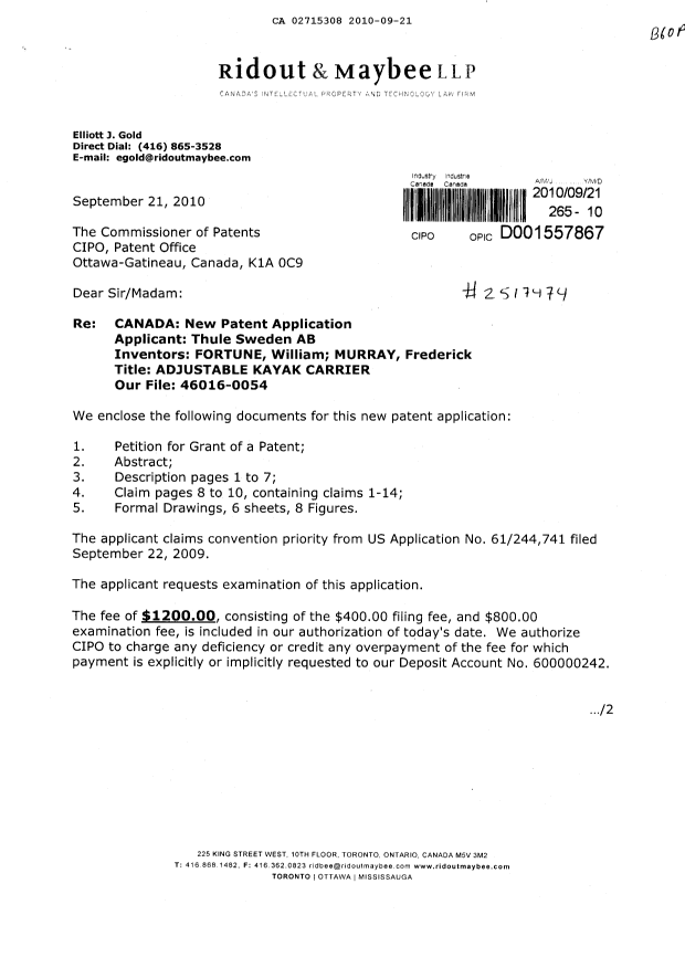 Canadian Patent Document 2715308. Assignment 20100921. Image 1 of 4