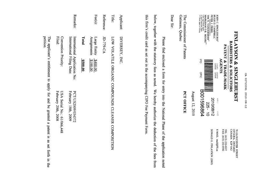 Document de brevet canadien 2715391. Cession 20100812. Image 1 de 9