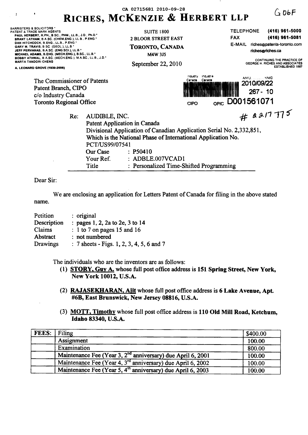 Document de brevet canadien 2715681. Cession 20100928. Image 1 de 5