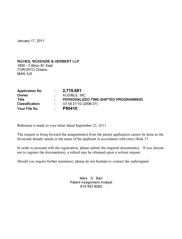 Canadian Patent Document 2715681. Correspondence 20110117. Image 1 of 1