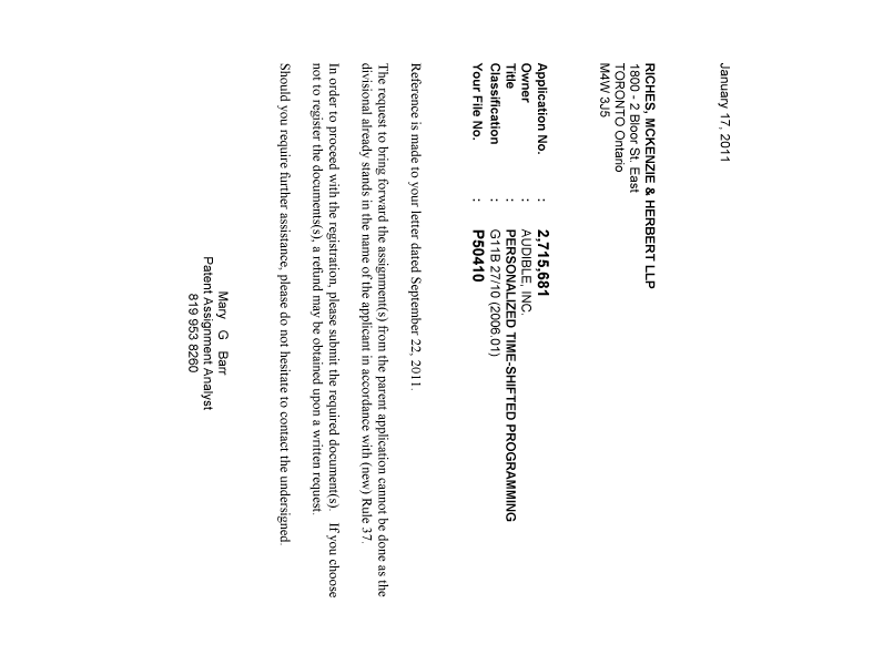 Document de brevet canadien 2715681. Correspondance 20110117. Image 1 de 1