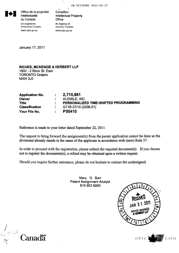Document de brevet canadien 2715681. Cession 20110217. Image 7 de 7