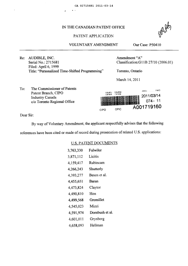 Document de brevet canadien 2715681. Poursuite-Amendment 20110314. Image 1 de 10