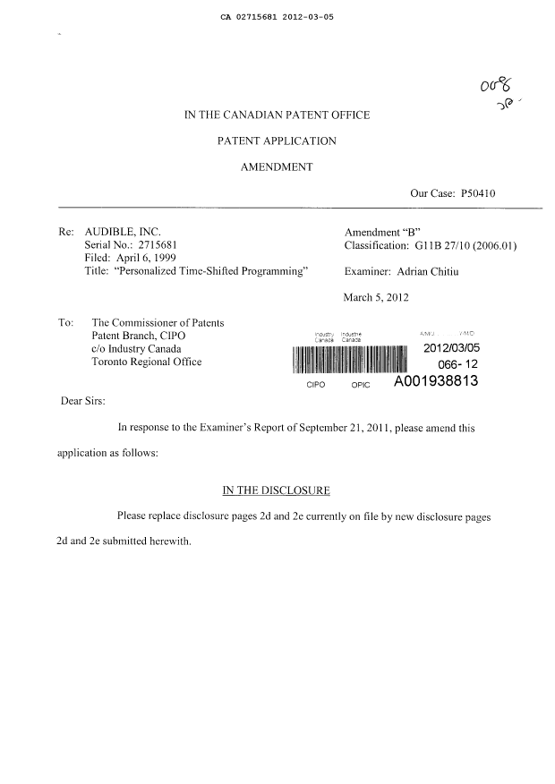 Canadian Patent Document 2715681. Prosecution-Amendment 20120305. Image 1 of 9