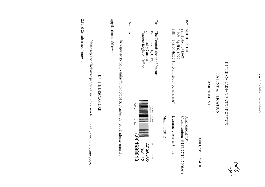 Document de brevet canadien 2715681. Poursuite-Amendment 20120305. Image 1 de 9