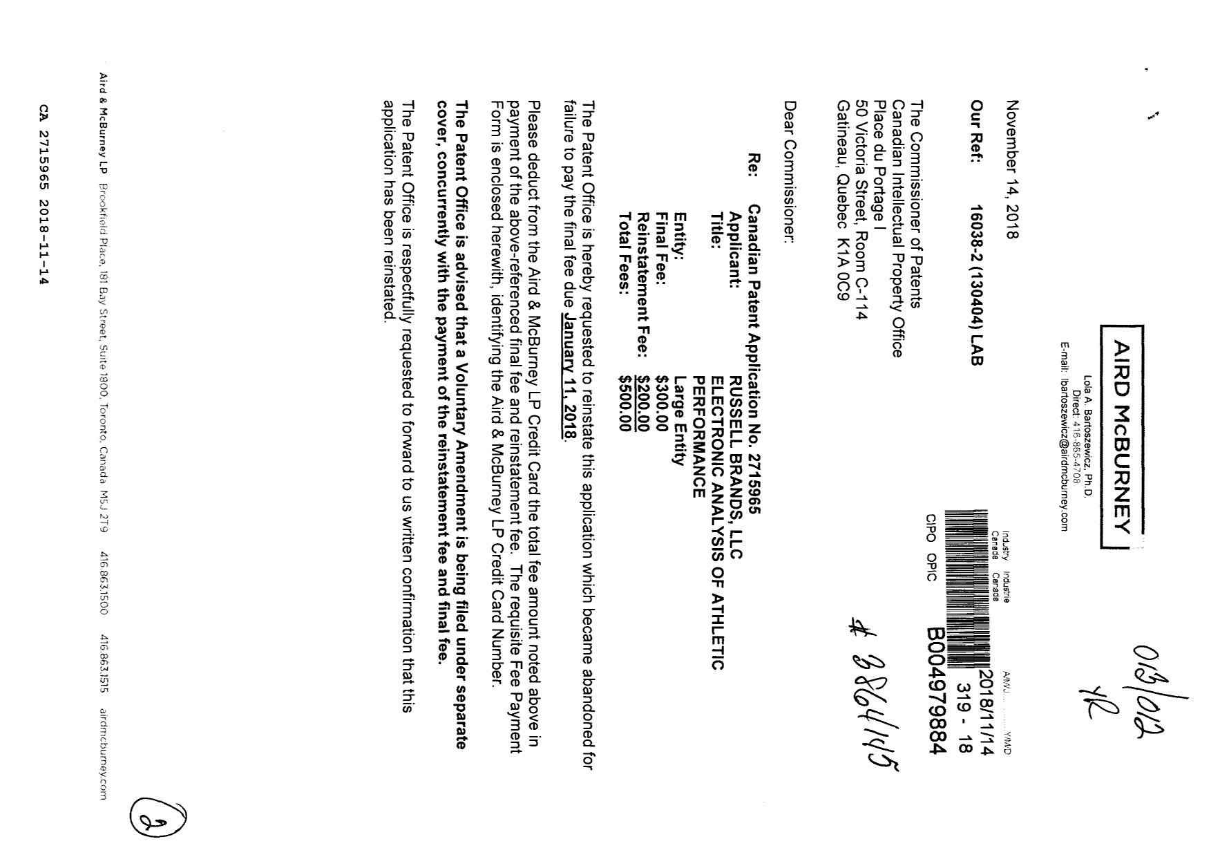 Document de brevet canadien 2715965. Taxe finale 20181114. Image 1 de 2