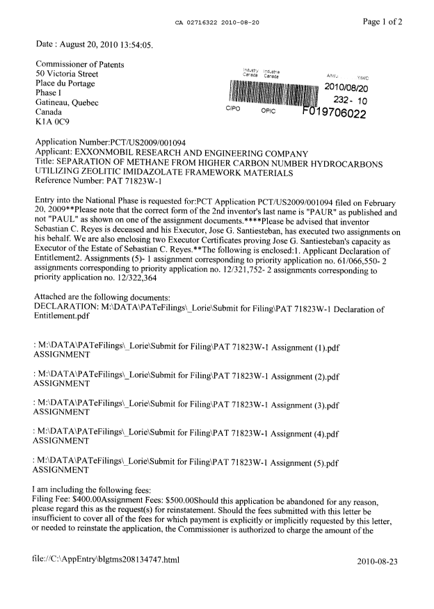 Document de brevet canadien 2716322. Cession 20100820. Image 1 de 17
