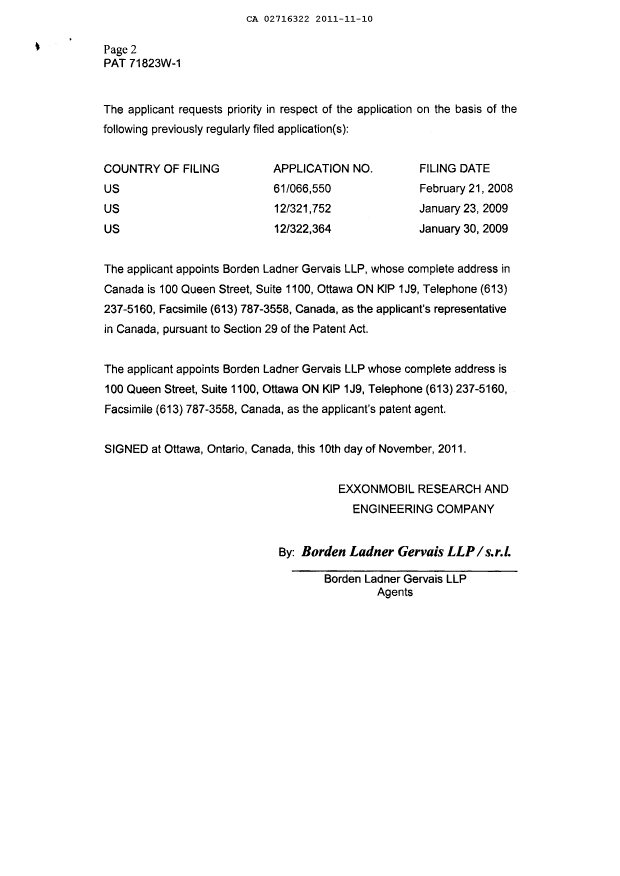 Canadian Patent Document 2716322. Correspondence 20111110. Image 3 of 3