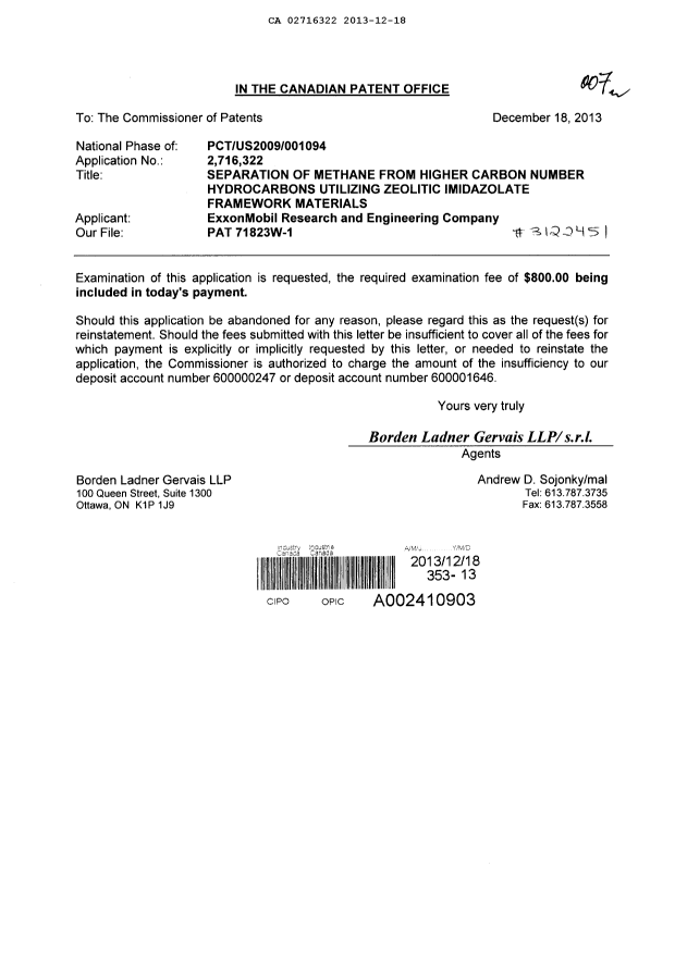 Document de brevet canadien 2716322. Poursuite-Amendment 20131218. Image 1 de 1