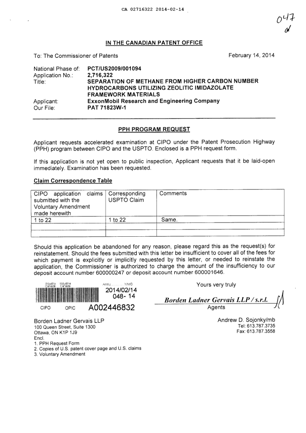 Document de brevet canadien 2716322. Poursuite-Amendment 20140214. Image 1 de 11