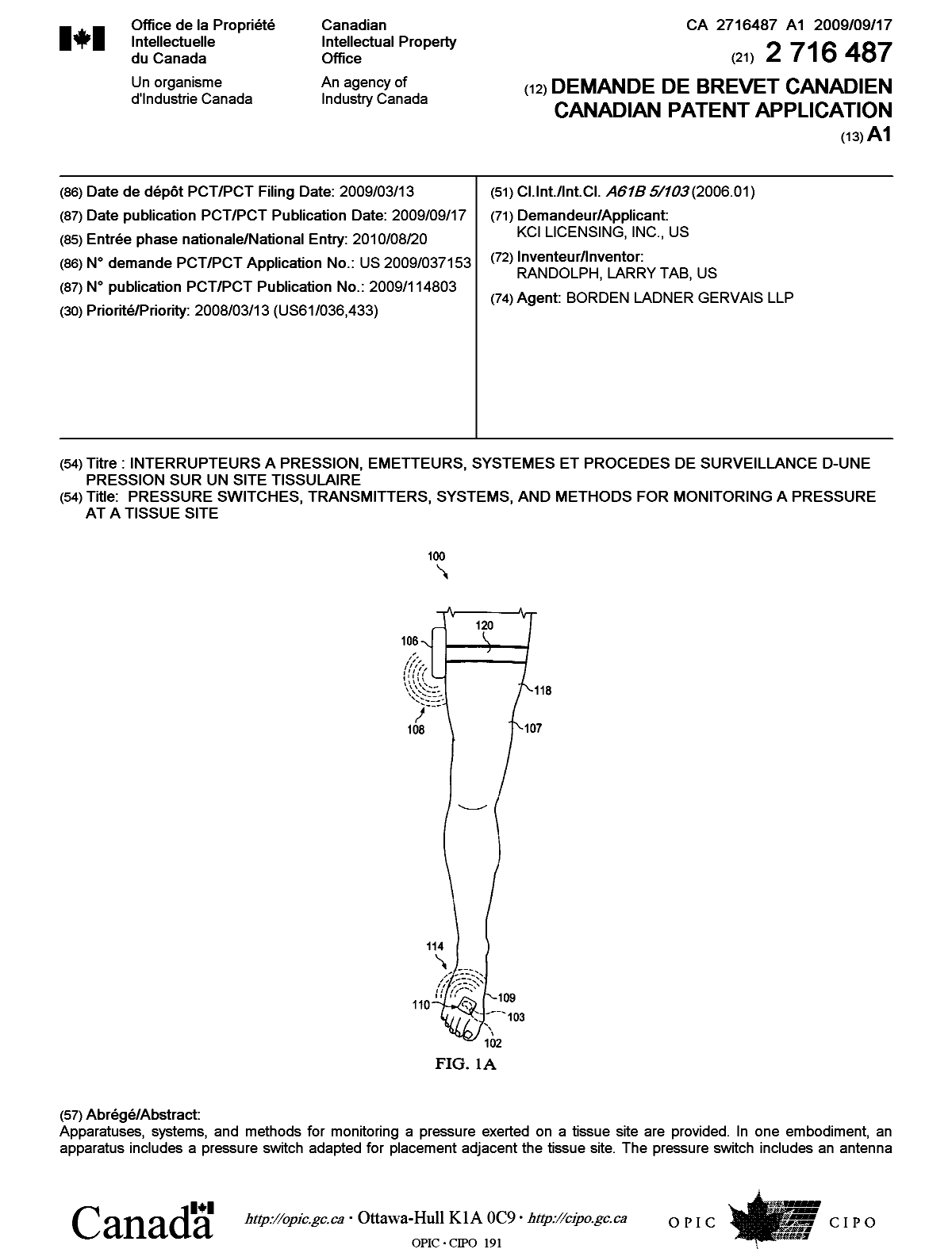 Document de brevet canadien 2716487. Page couverture 20101126. Image 1 de 2