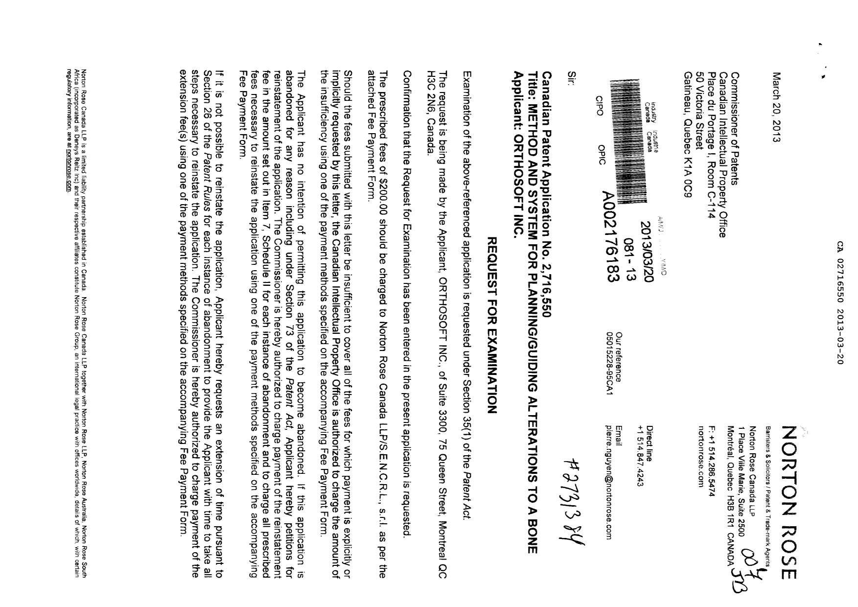 Document de brevet canadien 2716550. Poursuite-Amendment 20121220. Image 1 de 2