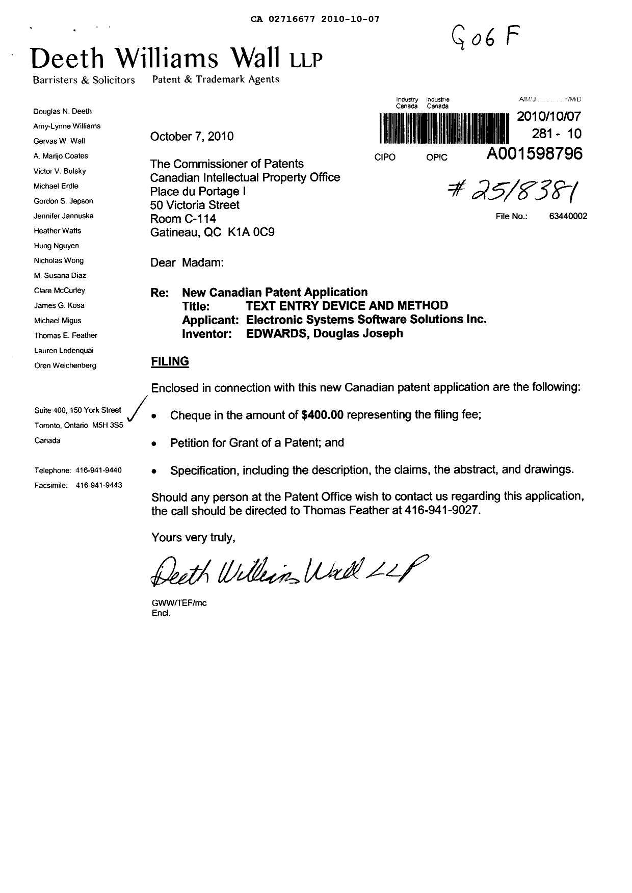 Document de brevet canadien 2716677. Cession 20101007. Image 1 de 2