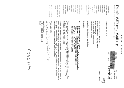 Document de brevet canadien 2716677. Paiement de taxe périodique 20150928. Image 1 de 1