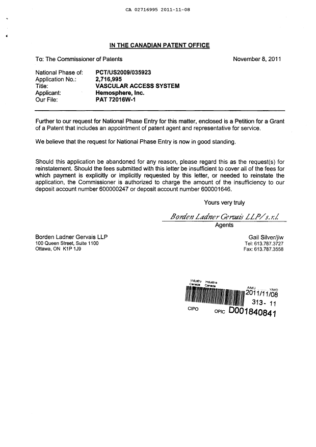 Document de brevet canadien 2716995. Correspondance 20101208. Image 1 de 3