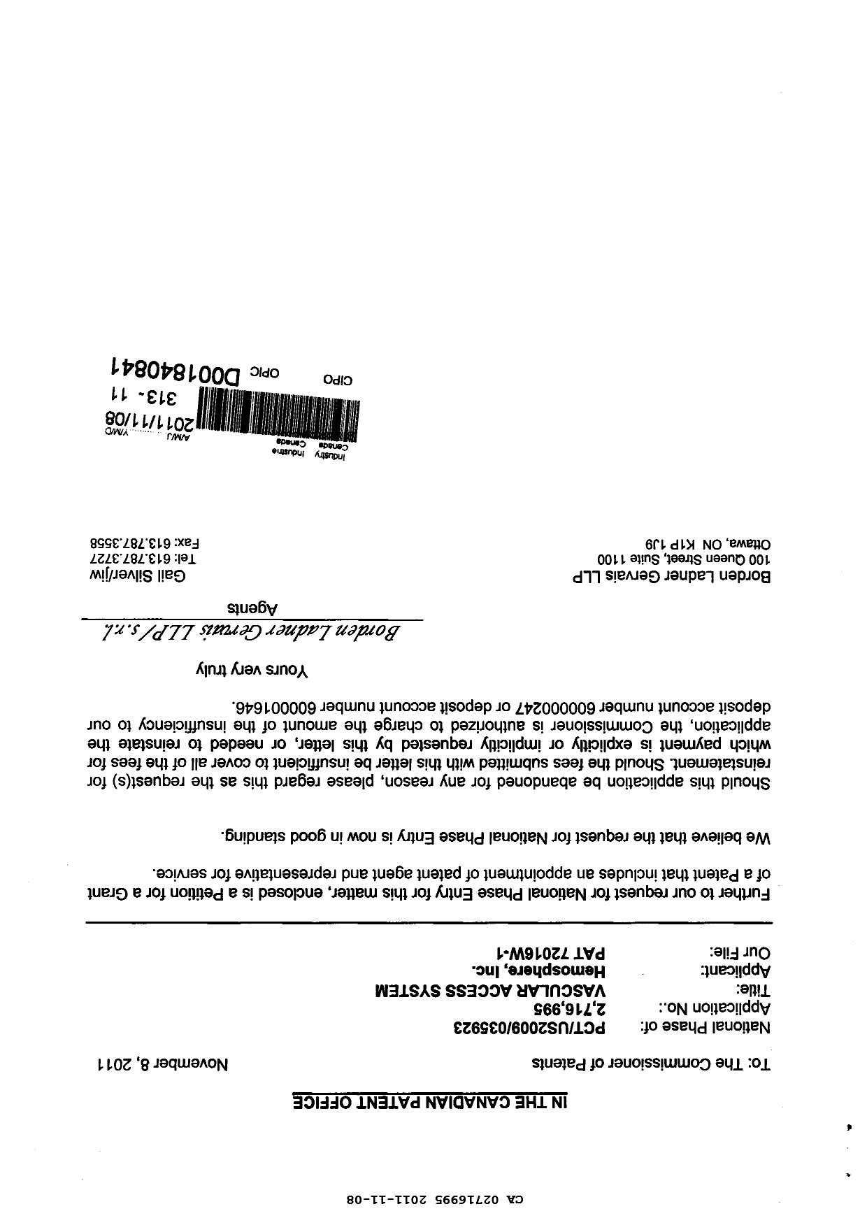 Document de brevet canadien 2716995. Correspondance 20101208. Image 1 de 3